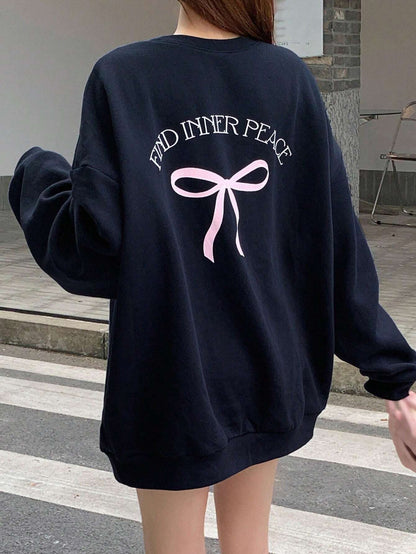 SXV Find inner peace Women Casual Bow & Letter Print Sweatshirt , Black Sweatshirt