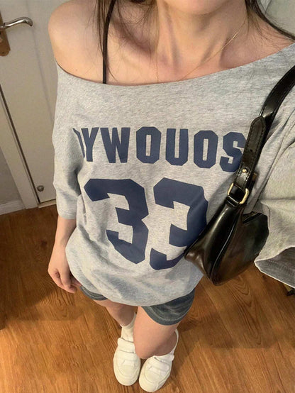 SXV Women's Casual Letter Print Asymmetric Neck Loose Short Sleeve T-Shirt,