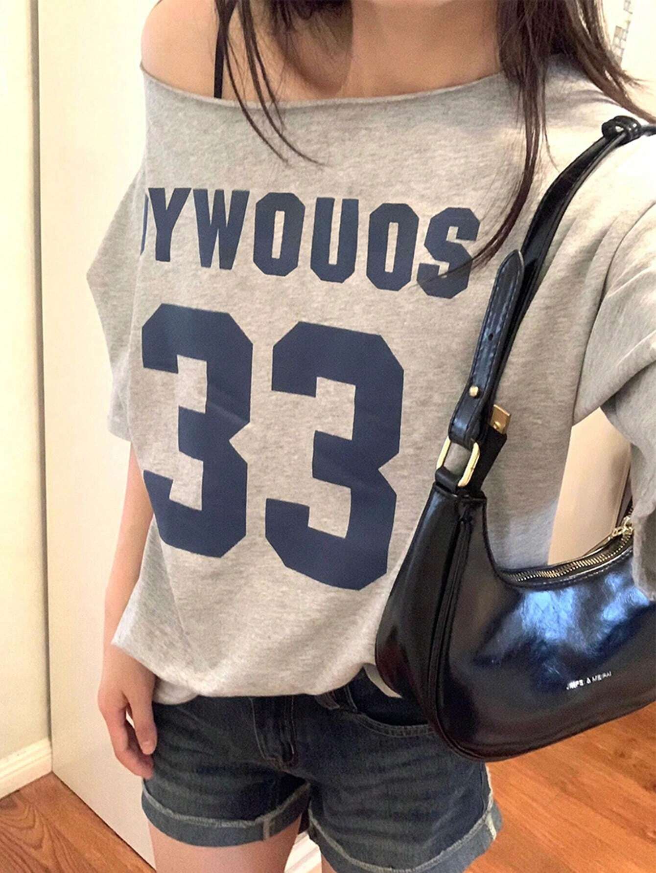 SXV Women's Casual Letter Print Asymmetric Neck Loose Short Sleeve T-Shirt,