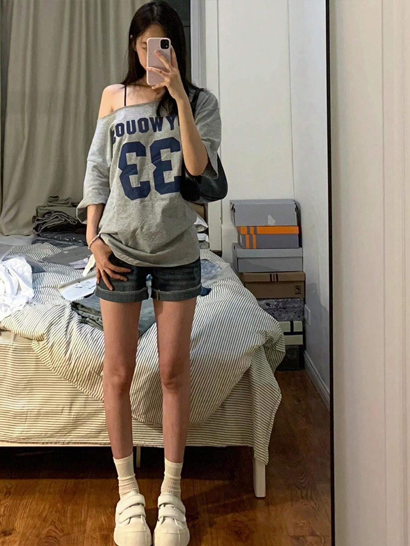 SXV Women's Casual Letter Print Asymmetric Neck Loose Short Sleeve T-Shirt,