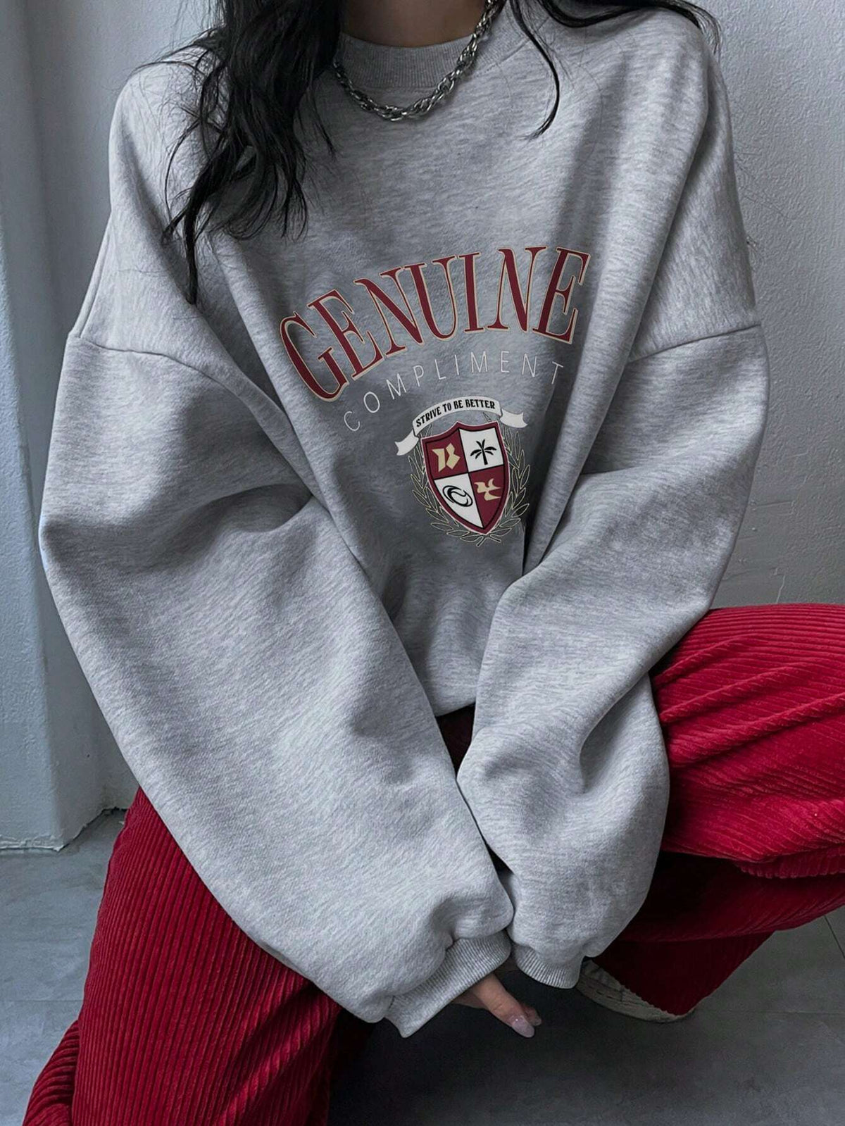 SXV Oversized Genuine compliment Letter Print Thermal Lined Sweatshirt Autumn