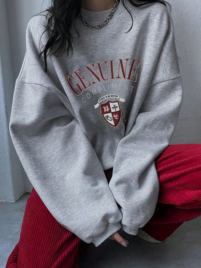 SXV Oversized Genuine compliment Letter Print Thermal Lined Sweatshirt Autumn