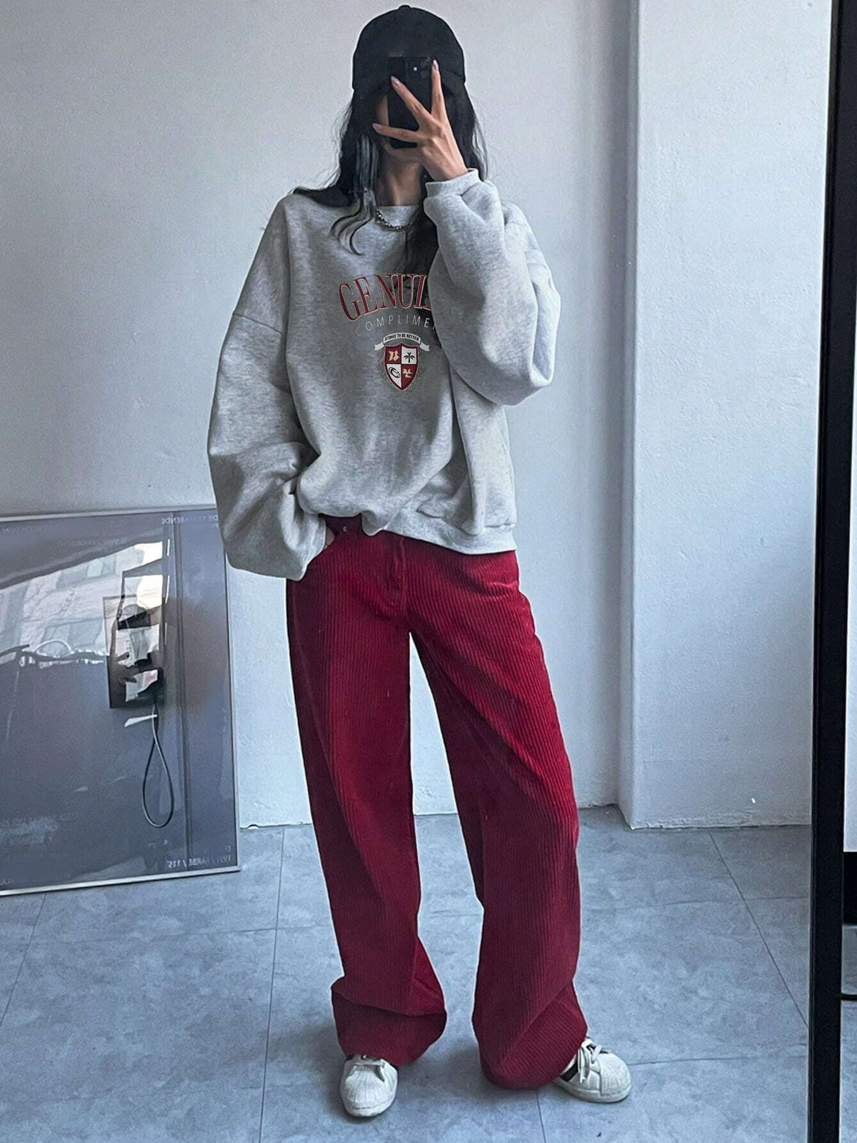 SXV Oversized Genuine compliment Letter Print Thermal Lined Sweatshirt Autumn