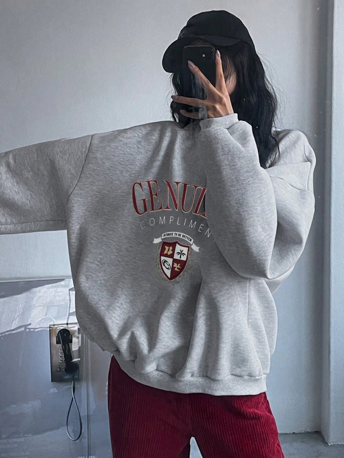 SXV Oversized Genuine compliment Letter Print Thermal Lined Sweatshirt Autumn