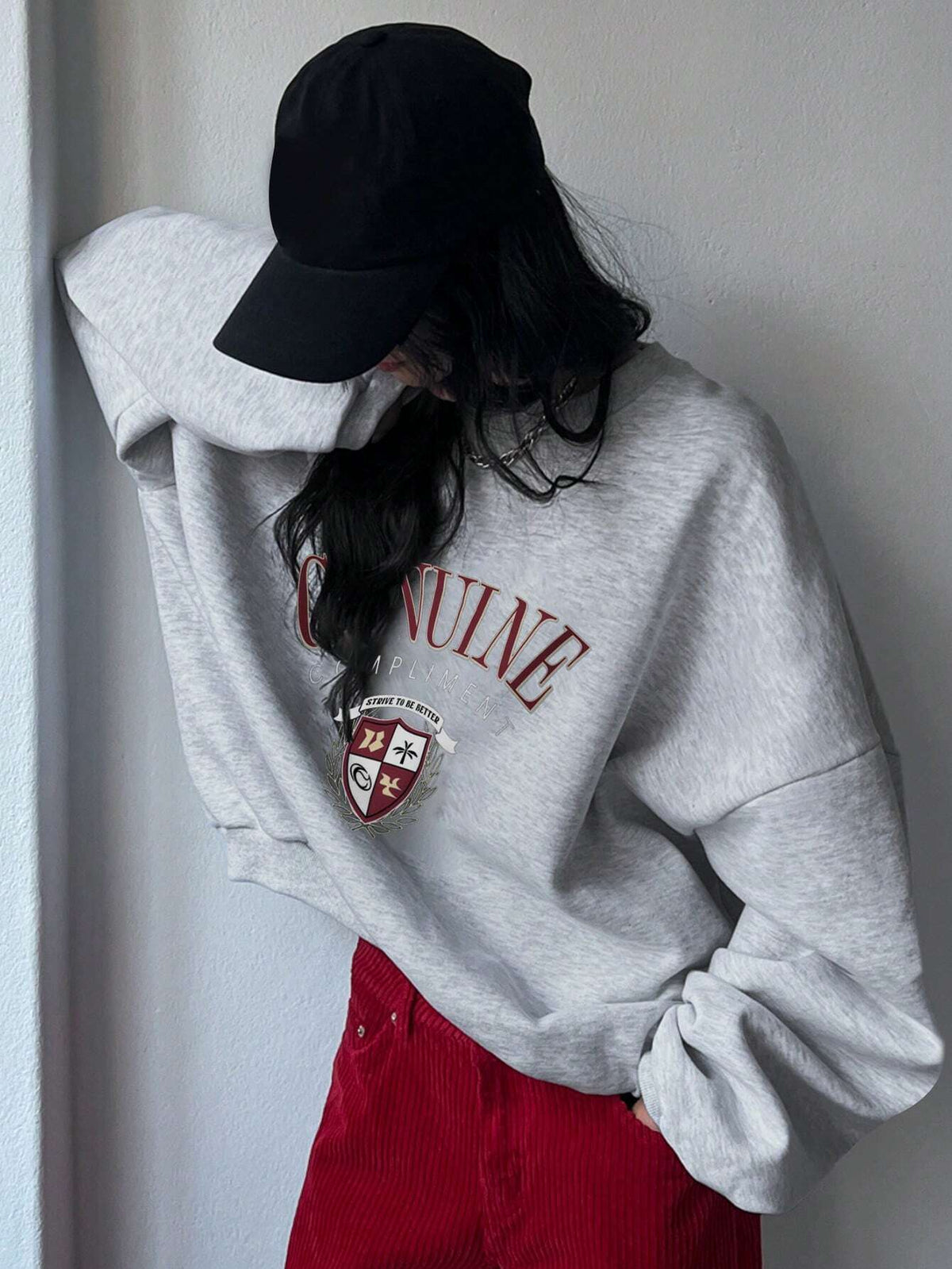 SXV Oversized Genuine compliment Letter Print Thermal Lined Sweatshirt Autumn
