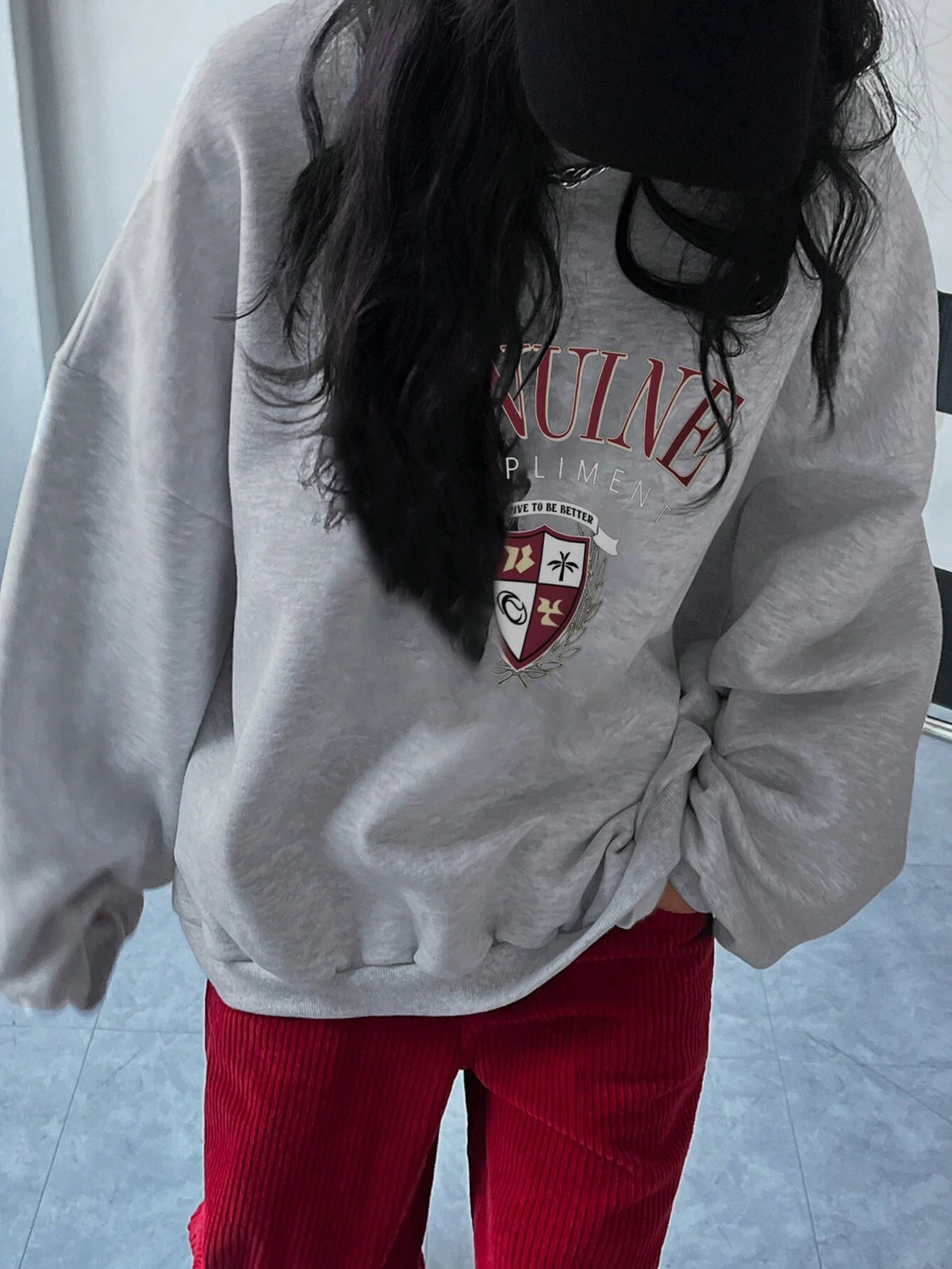 SXV Oversized Genuine compliment Letter Print Thermal Lined Sweatshirt Autumn