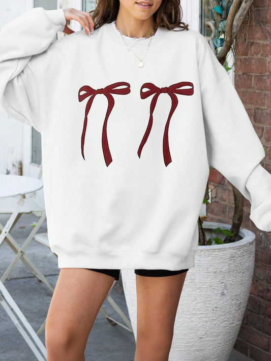 SXV Crew Neck Long Sleeve Bow Tie Print Casual Minimalist Top Pullover Fall Outfit