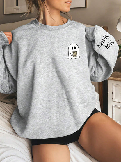SXV Stay spooky Coffee Women Ghost Print Crewneck Long Sleeve Sweatshirt