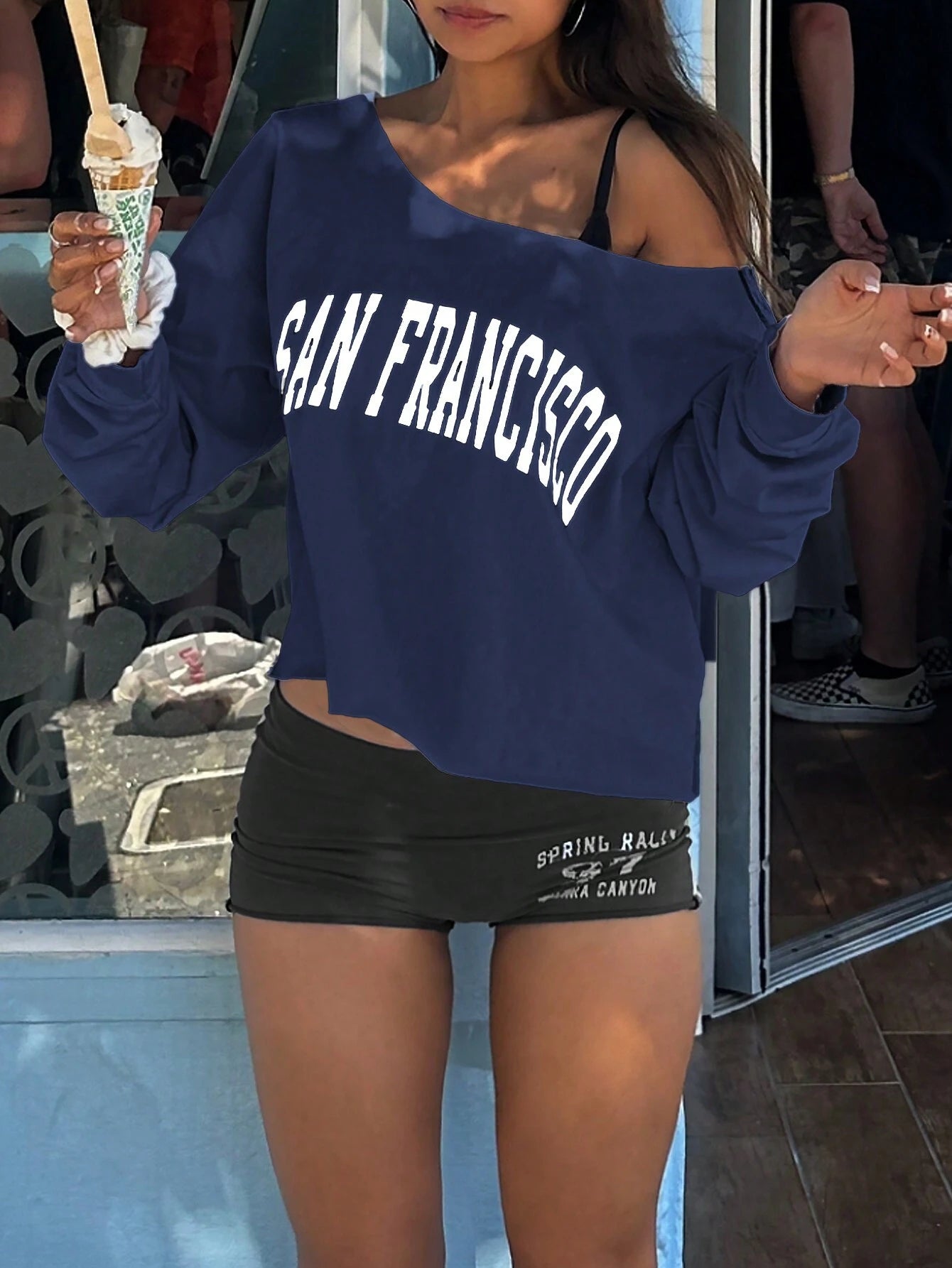 SXV san francisco Casual Letter Print Asymmetric Collar Long Sleeve sweatshirt