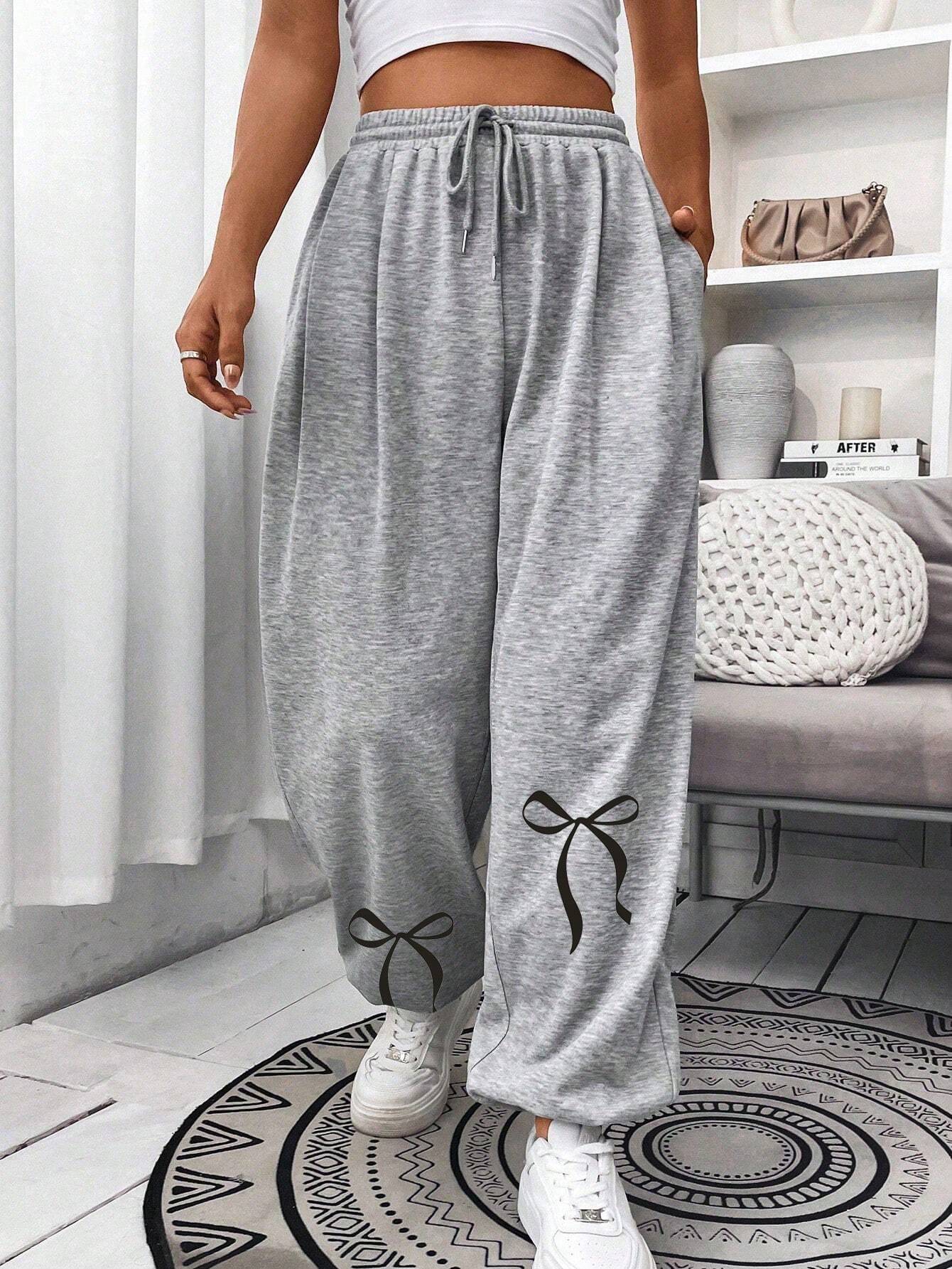 SXV Women's Solid Color Front Tie Bow Printed Casual Sweatpants