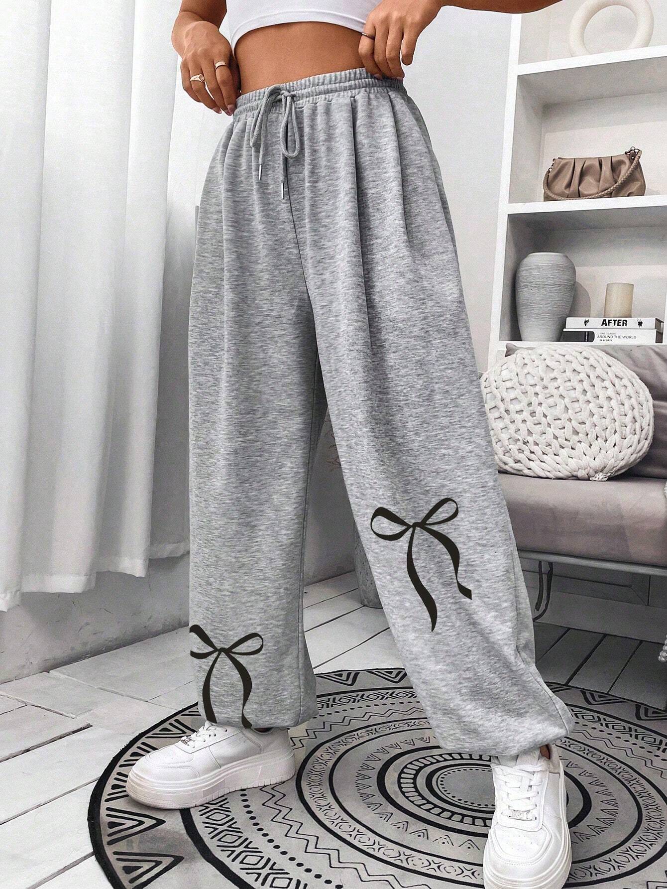 SXV Women's Solid Color Front Tie Bow Printed Casual Sweatpants