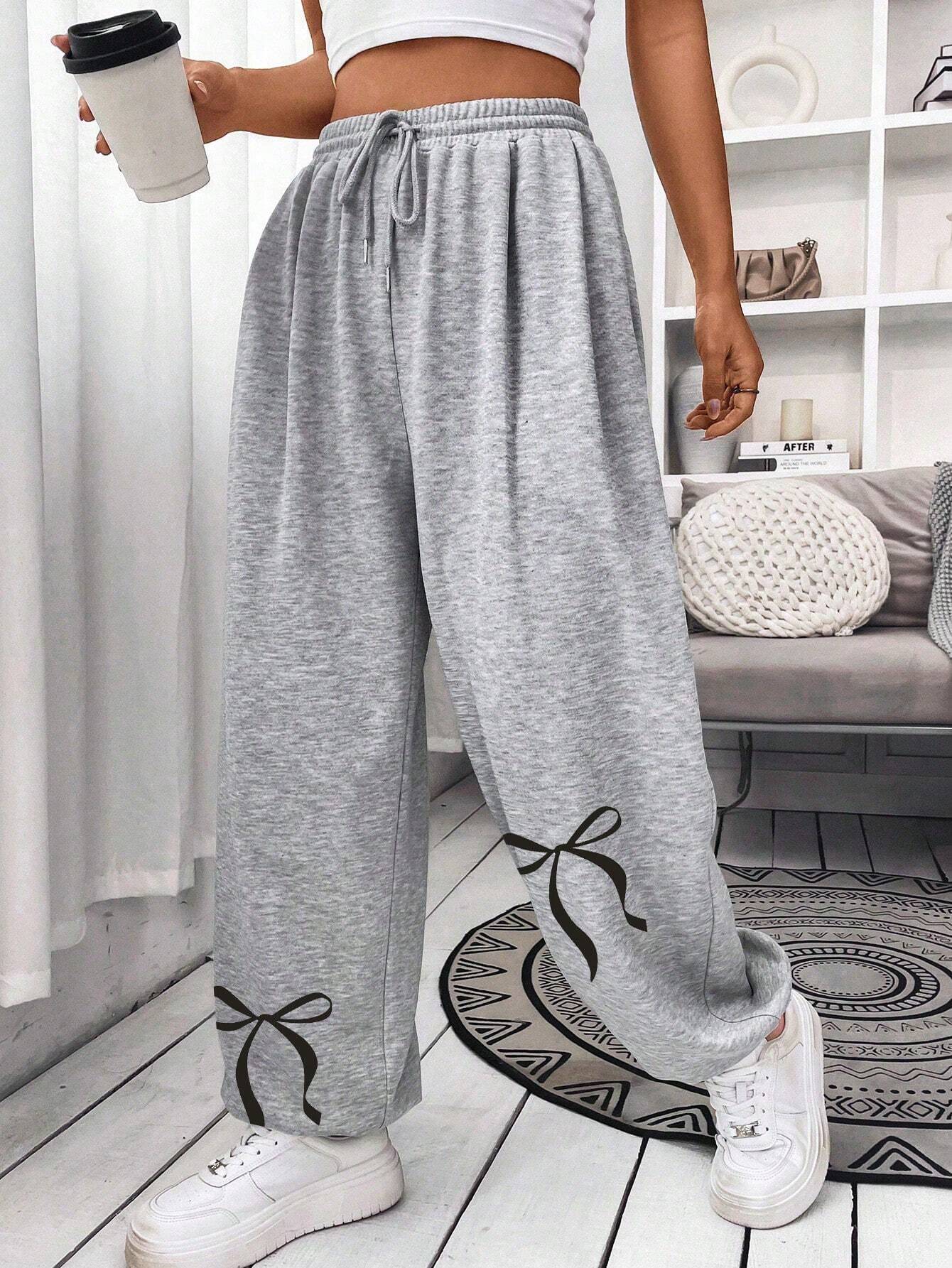 SXV Women's Solid Color Front Tie Bow Printed Casual Sweatpants