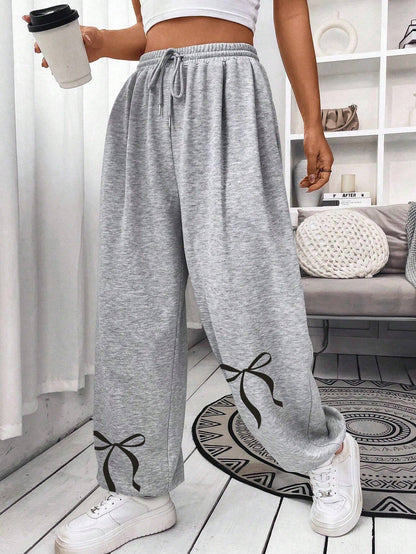 SXV Women's Solid Color Front Tie Bow Printed Casual Sweatpants