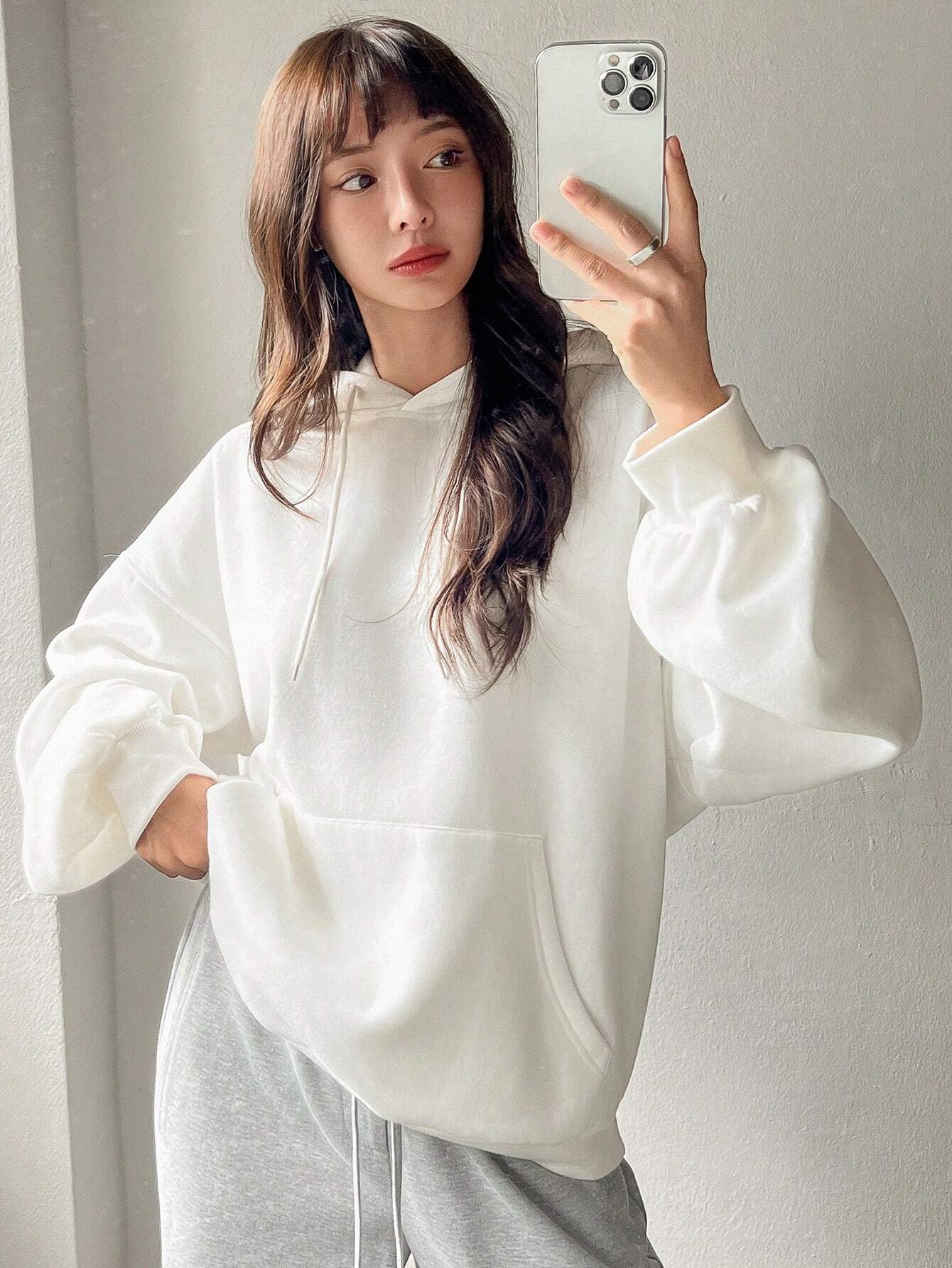 SXV Big Pocket Drop Shoulder Drawstring Hoodie,Long Sleeve Tops Old Money Style,Fall Women Clothes Sweatshirt