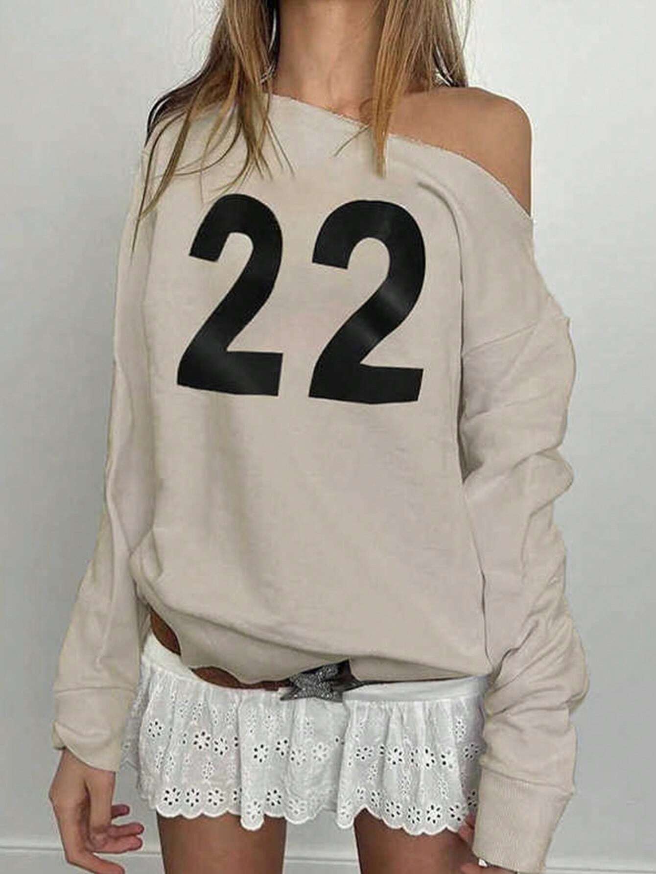 SXV Women's Numeric Print Asymmetrical Neck Long Sleeve Sweatshirt Pullover Fall Outfit