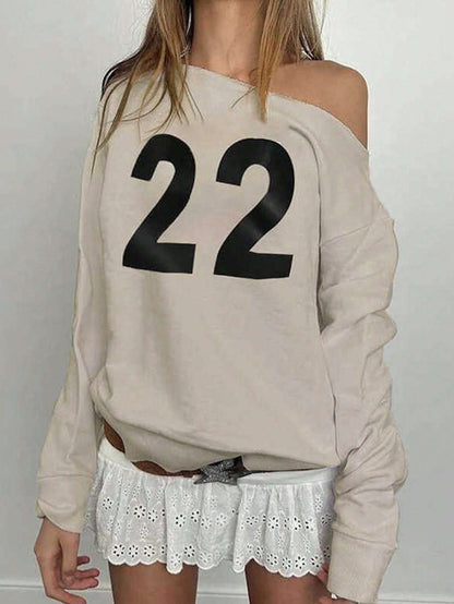 SXV Women's Numeric Print Asymmetrical Neck Long Sleeve Sweatshirt Pullover Fall Outfit