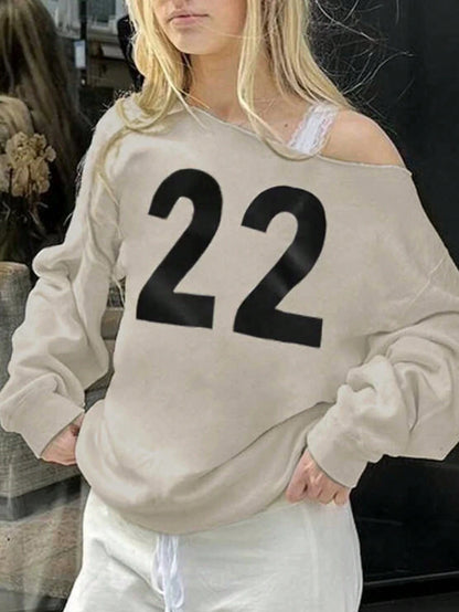 SXV Women's Numeric Print Asymmetrical Neck Long Sleeve Sweatshirt Pullover Fall Outfit