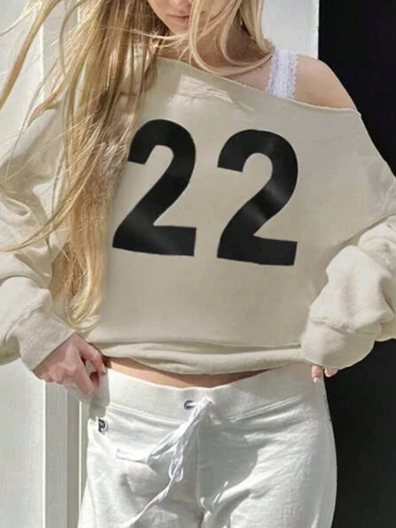 SXV Women's Numeric Print Asymmetrical Neck Long Sleeve Sweatshirt Pullover Fall Outfit