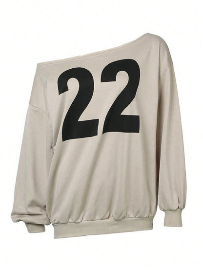 SXV Women's Numeric Print Asymmetrical Neck Long Sleeve Sweatshirt Pullover Fall Outfit