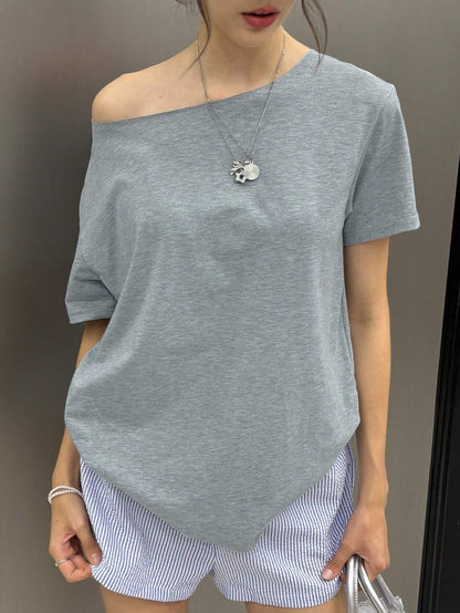 SXV Solid Grey Color Loose Fit Drop Shoulder Short Sleeve Casual T-Shirt