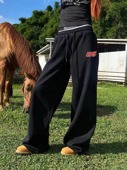 SXV Women's Letter Printed Drawstring Waist Wide Leg Relaxed Casual Black Sweatpants