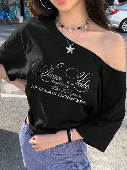 SXV Women's Summer Slogan Print Asymmetrical Neck Short Sleeve Casual T-Shirt Graphic Tees