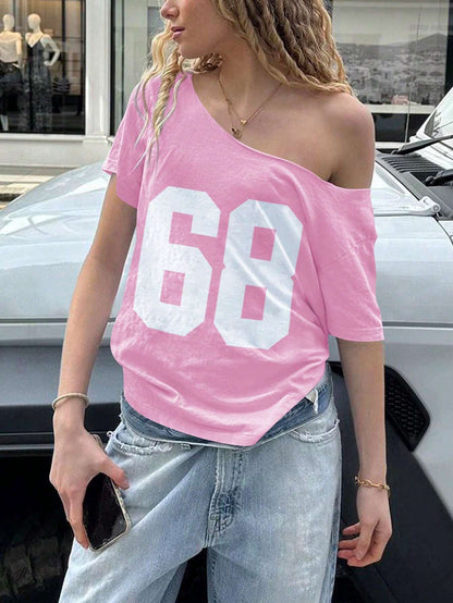 SXV Women Number 68 Graphic Oversized One-Shoulder Loose Batwing Short Sleeve T-Shirt, Summer Outfits