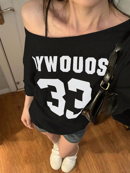 SXV Women's Summer Casual Loose Asymmetric Collar Digit Print Short Sleeve T-Shirt