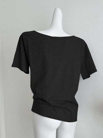SXV Women's Summer Casual Loose Asymmetric Collar Digit Print Short Sleeve T-Shirt