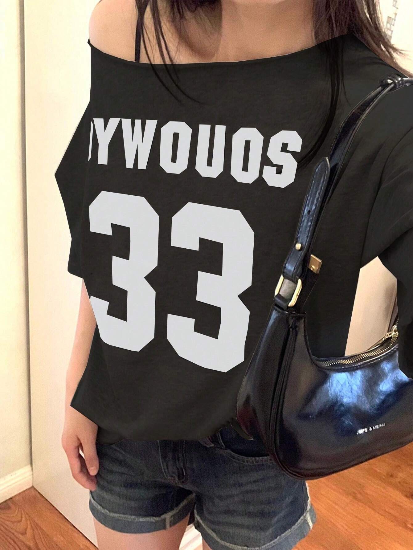 SXV Women's Summer Casual Loose Asymmetric Collar Digit Print Short Sleeve T-Shirt