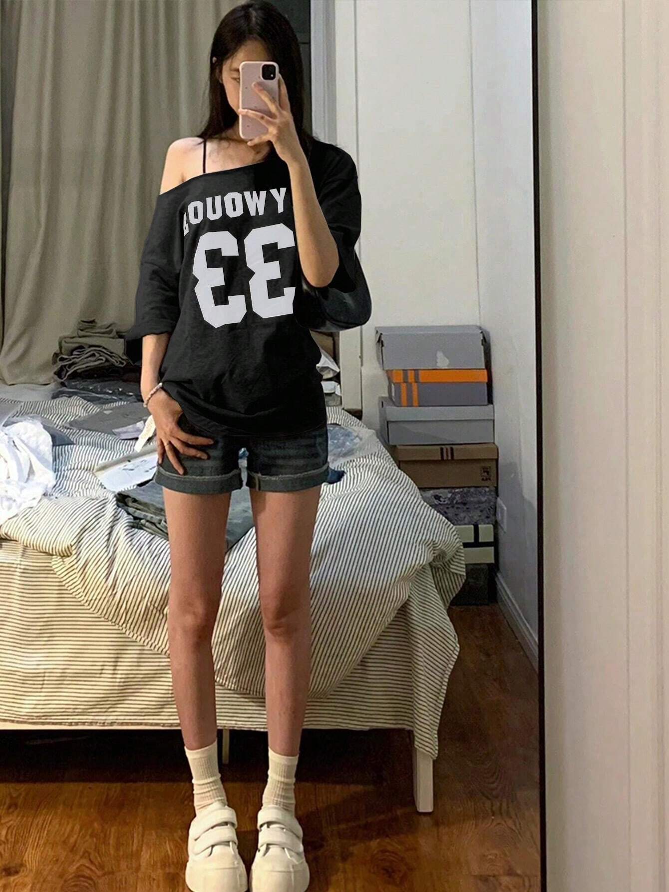 SXV Women's Summer Casual Loose Asymmetric Collar Digit Print Short Sleeve T-Shirt