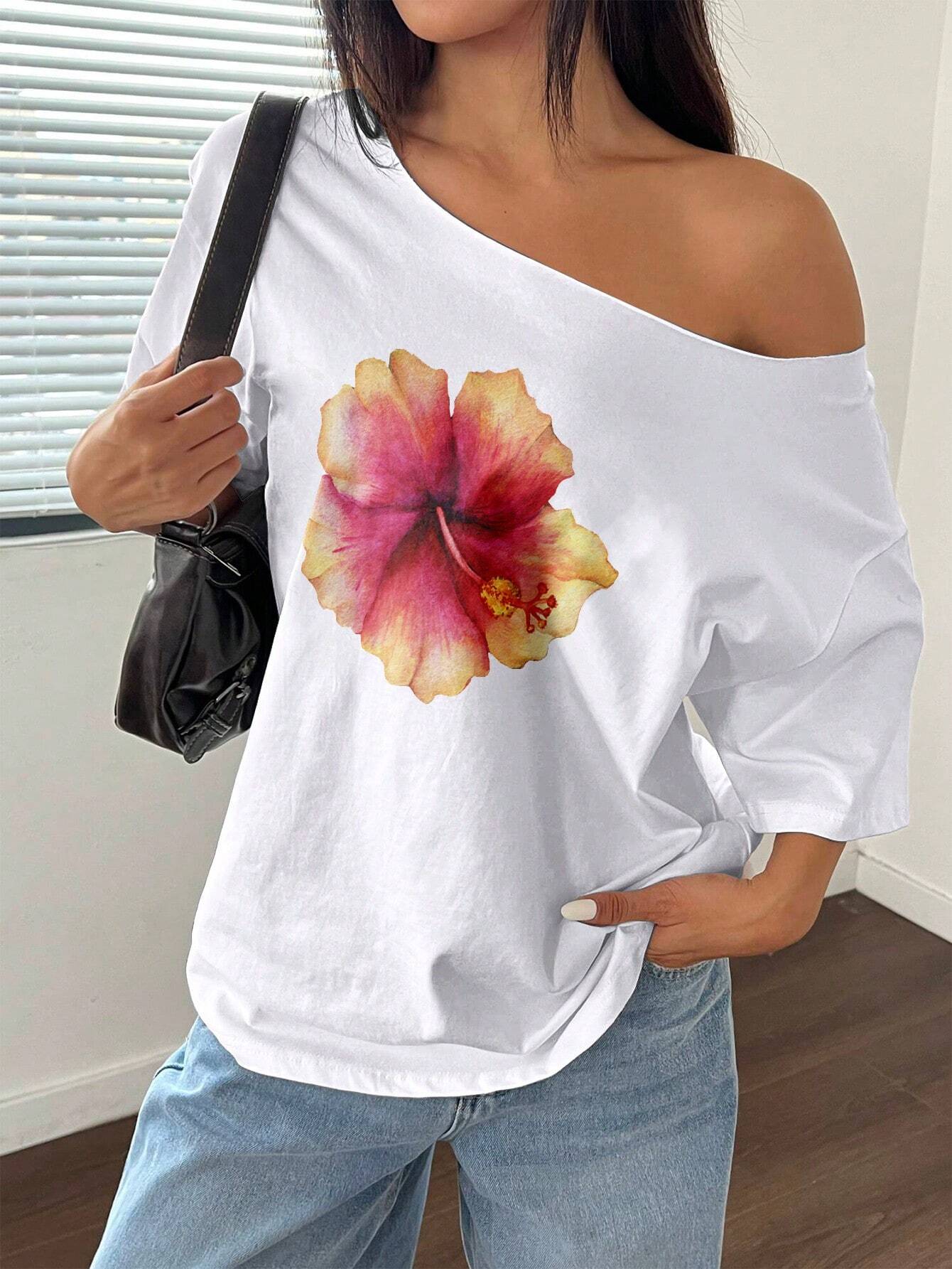 SXV Asymmetrical Shoulder Loose Hibiscus Print T-Shirt Graphic Tees