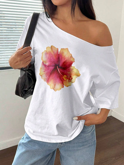 SXV Asymmetrical Shoulder Loose Hibiscus Print T-Shirt Graphic Tees