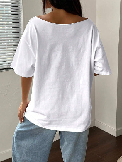 SXV Asymmetrical Shoulder Loose Hibiscus Print T-Shirt Graphic Tees