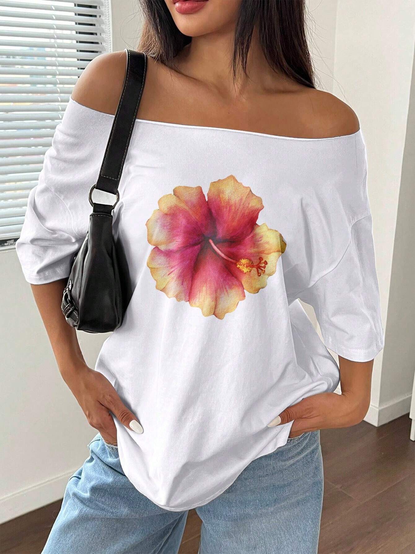SXV Asymmetrical Shoulder Loose Hibiscus Print T-Shirt Graphic Tees