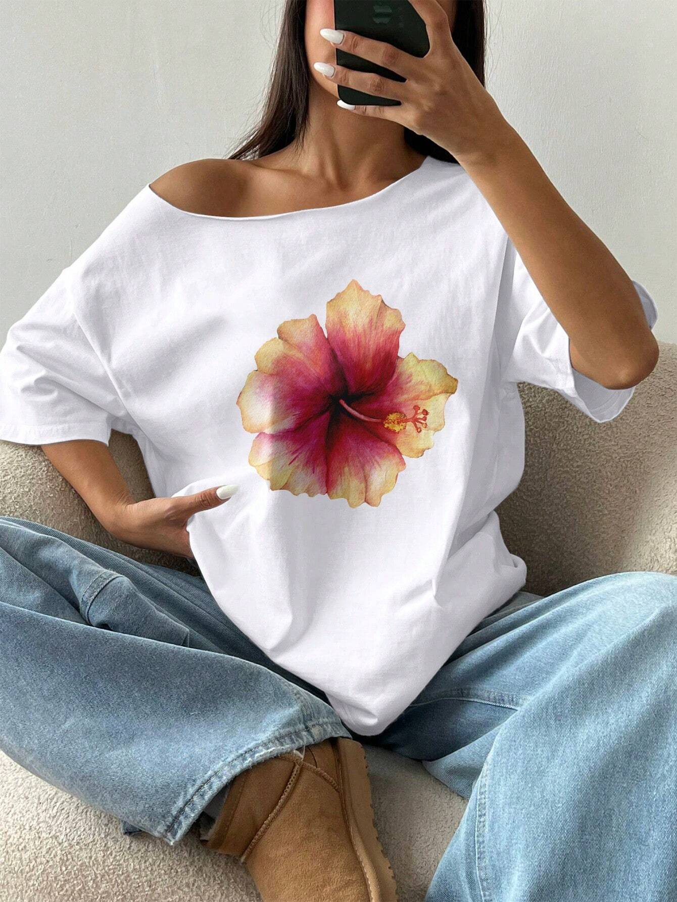 SXV Asymmetrical Shoulder Loose Hibiscus Print T-Shirt Graphic Tees