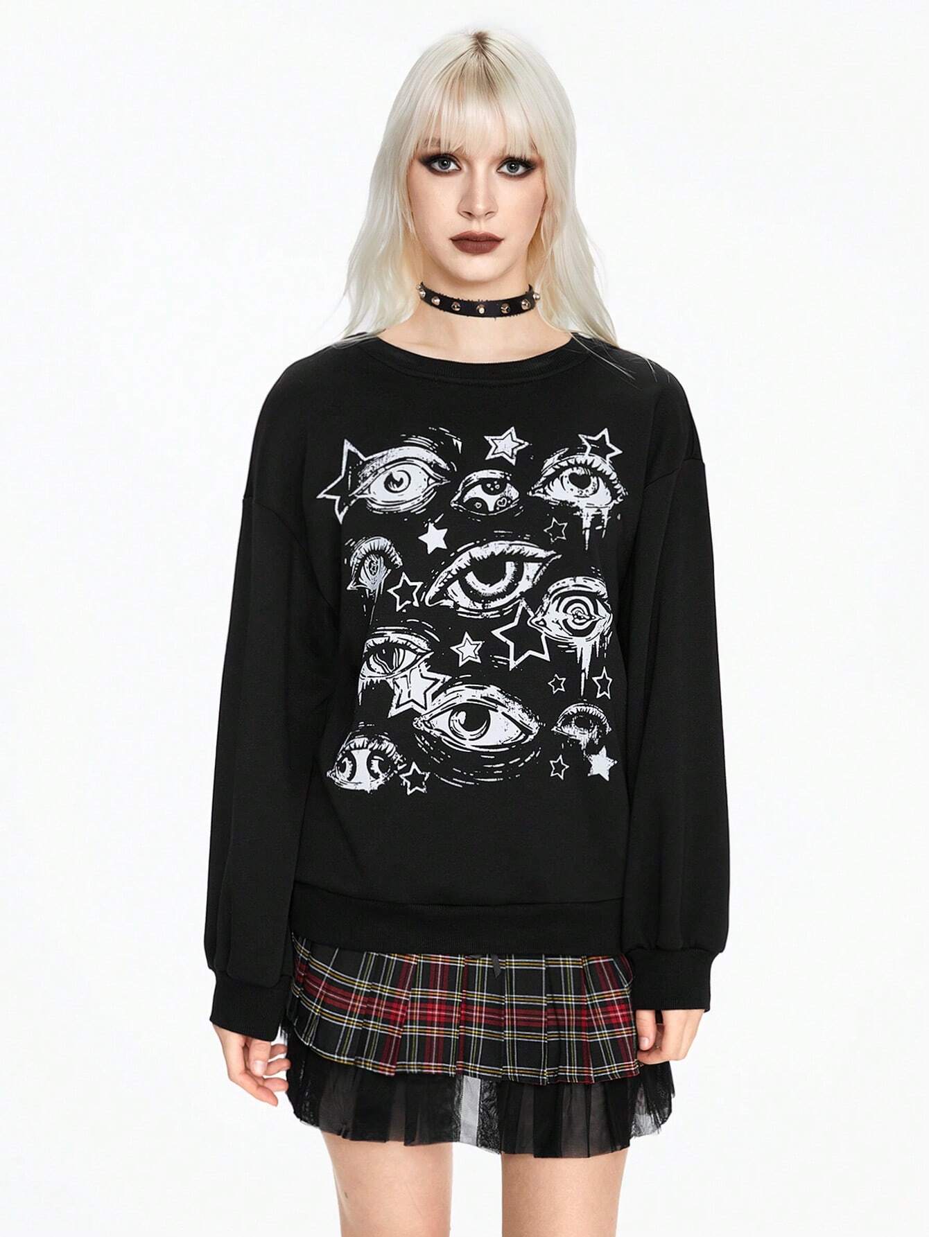 SXV 'eye and star’ Printed Cool Aesthetic Drop Shoulder Oversized Baggy Sweatshirt