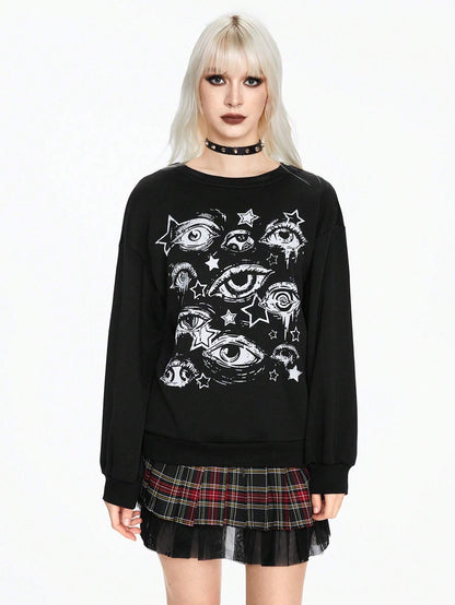 SXV 'eye and star’ Printed Cool Aesthetic Drop Shoulder Oversized Baggy Sweatshirt