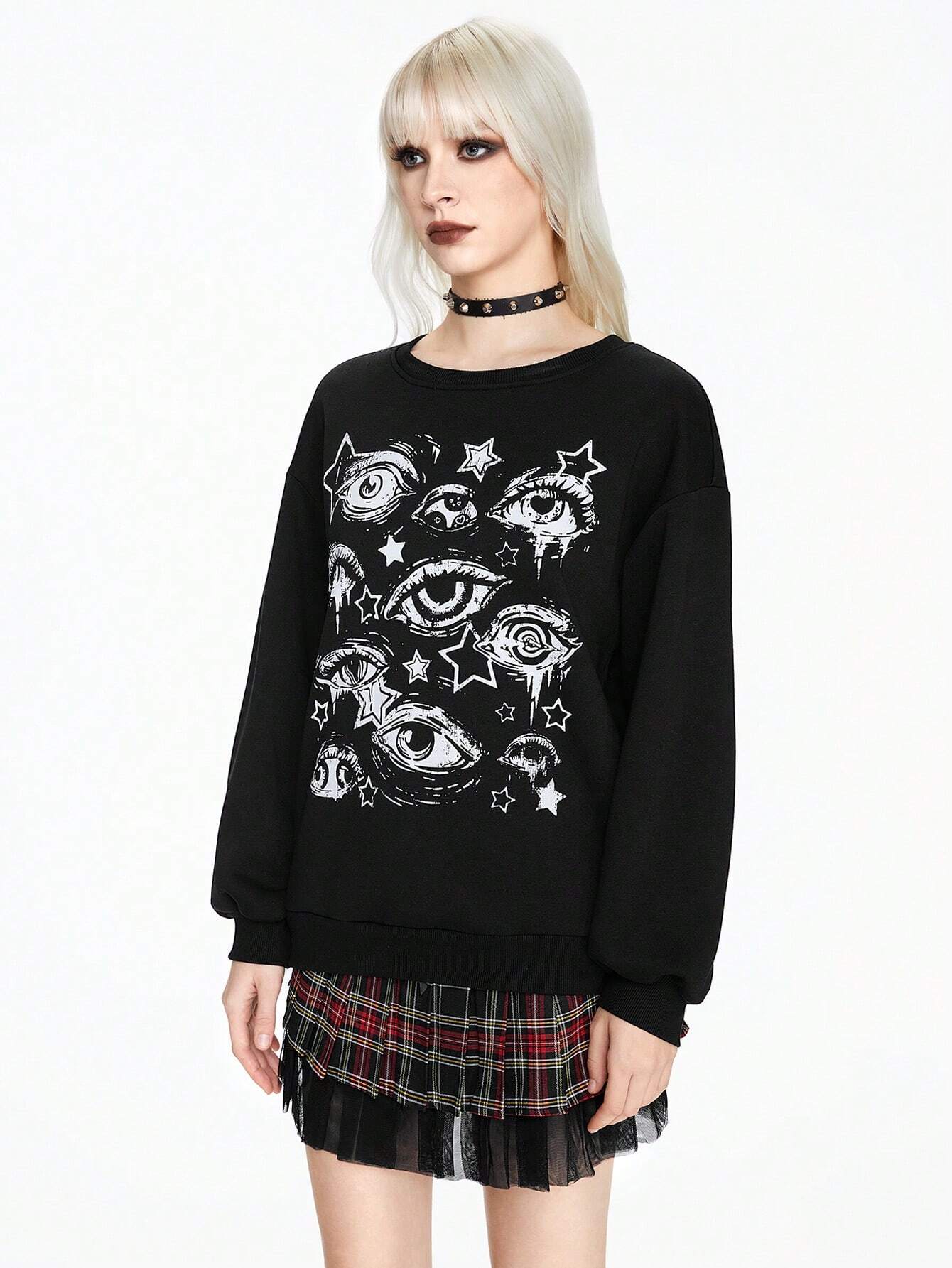 SXV 'eye and star’ Printed Cool Aesthetic Drop Shoulder Oversized Baggy Sweatshirt