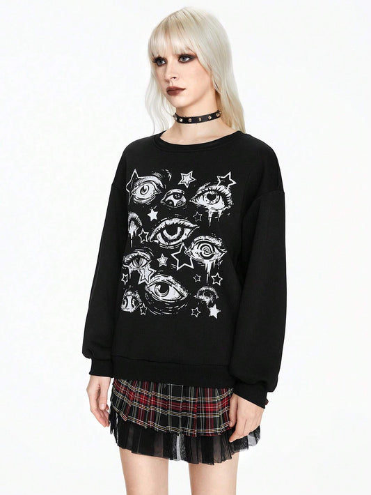 SXV 'eye and star’ Printed Cool Aesthetic Drop Shoulder Oversized Baggy Sweatshirt