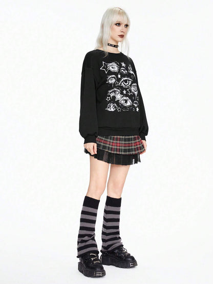 SXV 'eye and star’ Printed Cool Aesthetic Drop Shoulder Oversized Baggy Sweatshirt