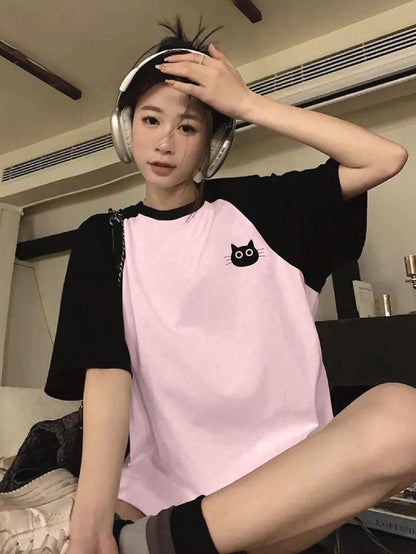 SXV Women's Casual Loose Colorblock Cartoon Cat Print Round Neck Raglan Sleeve T-Shirt, Summer Graphic Tees Women Tops