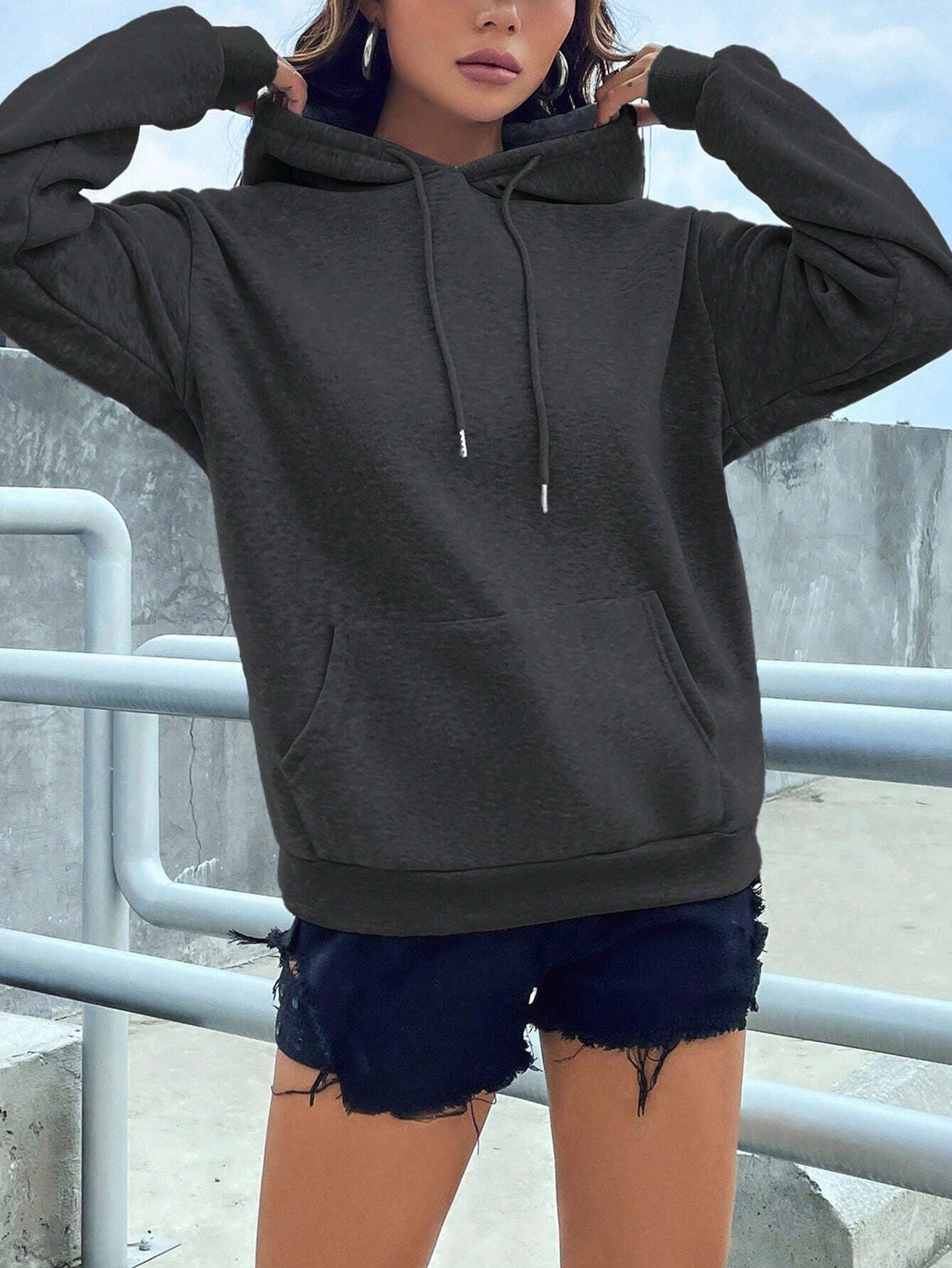SXV Kangaroo Pocket Drop Shoulder Drawstring Thermal Hoodie
