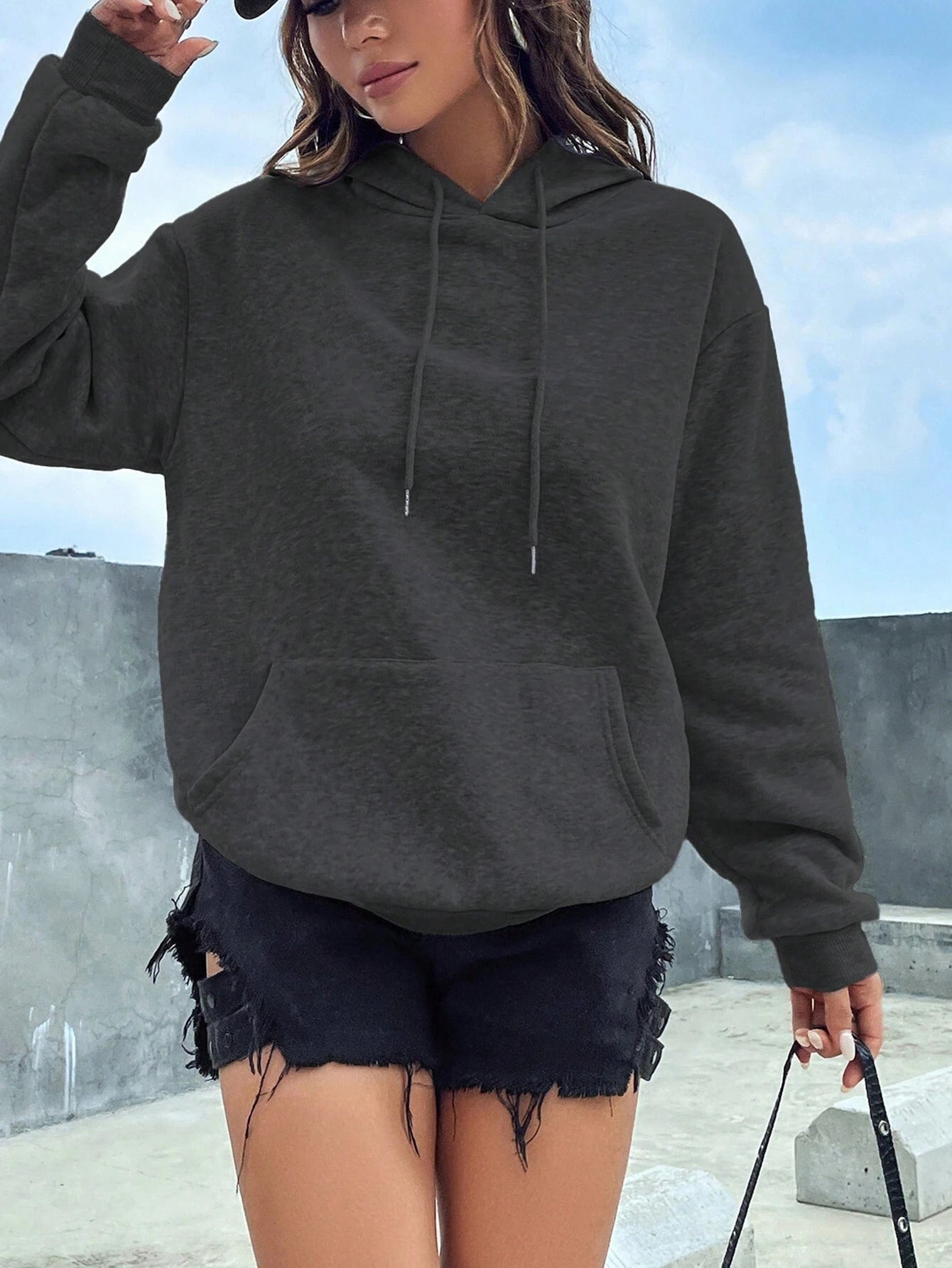 SXV Kangaroo Pocket Drop Shoulder Drawstring Thermal Hoodie