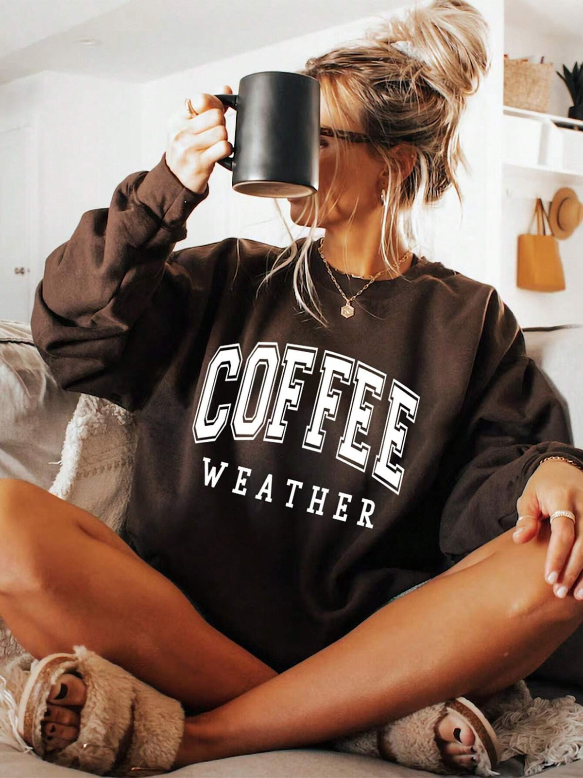 SXV Women's Crew Neck Long Sleeve Letter Print Casual Sweatshirt,Dark Brown