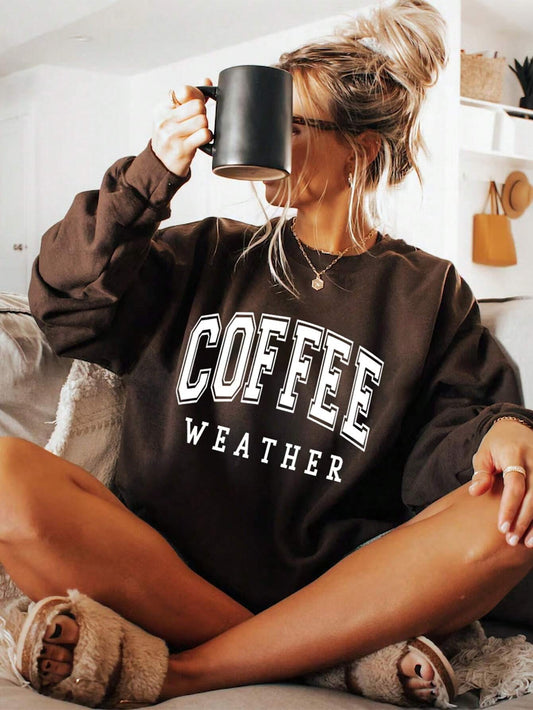 SXV Women's Crew Neck Long Sleeve Letter Print Casual Sweatshirt,Dark Brown