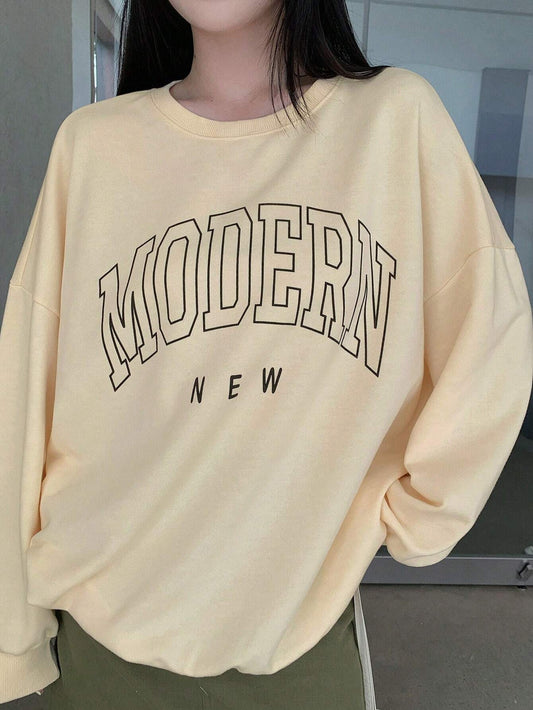 SXV Women's Casual Letter Print Drop Shoulder Long Sleeve Loose Sweatshirt