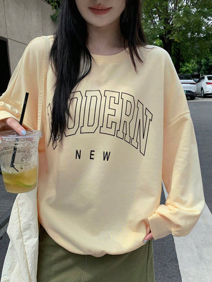 SXV Women's Casual Letter Print Drop Shoulder Long Sleeve Loose Sweatshirt