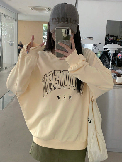 SXV Women's Casual Letter Print Drop Shoulder Long Sleeve Loose Sweatshirt