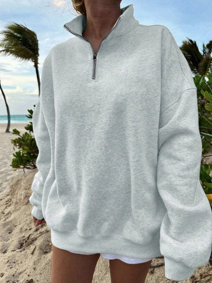 SXV Half zip Solid Color Drop Shoulder White Sweatshirt